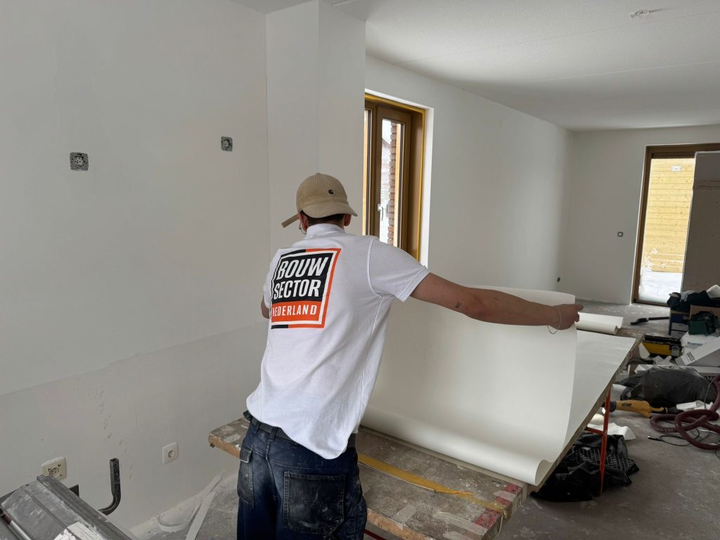 Behanger van Bouwsector Nederland rolt een baan uit over de plaktafel in een nieuwbouwwoning in afwerking